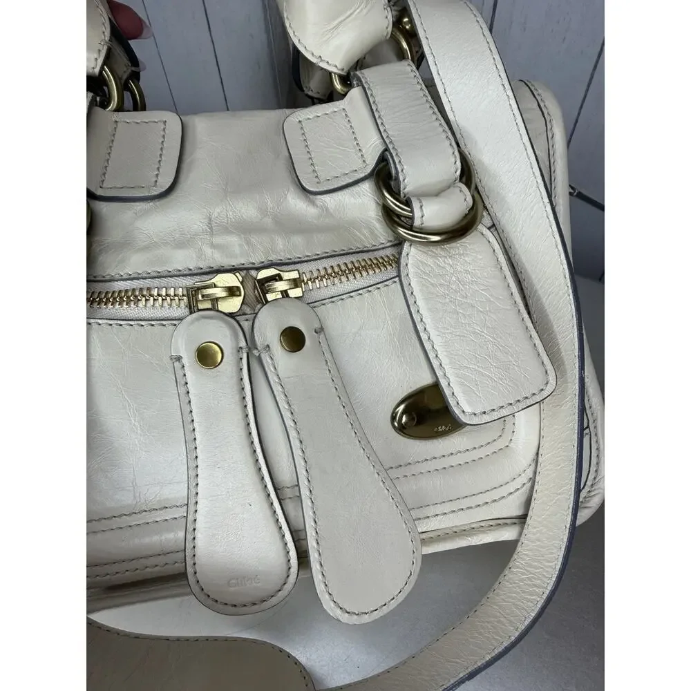 Chloé Bay Top Handle Shoulder Bag Cream Crinkle Leather Satchel Chunky Zip